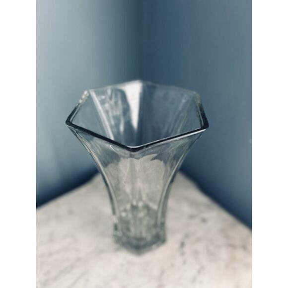 Hoosier Glass Vase 10” Tall Hexagon 6 4041 Clear Heavy Flowers Bouquet Solid - Picture 5 of 14